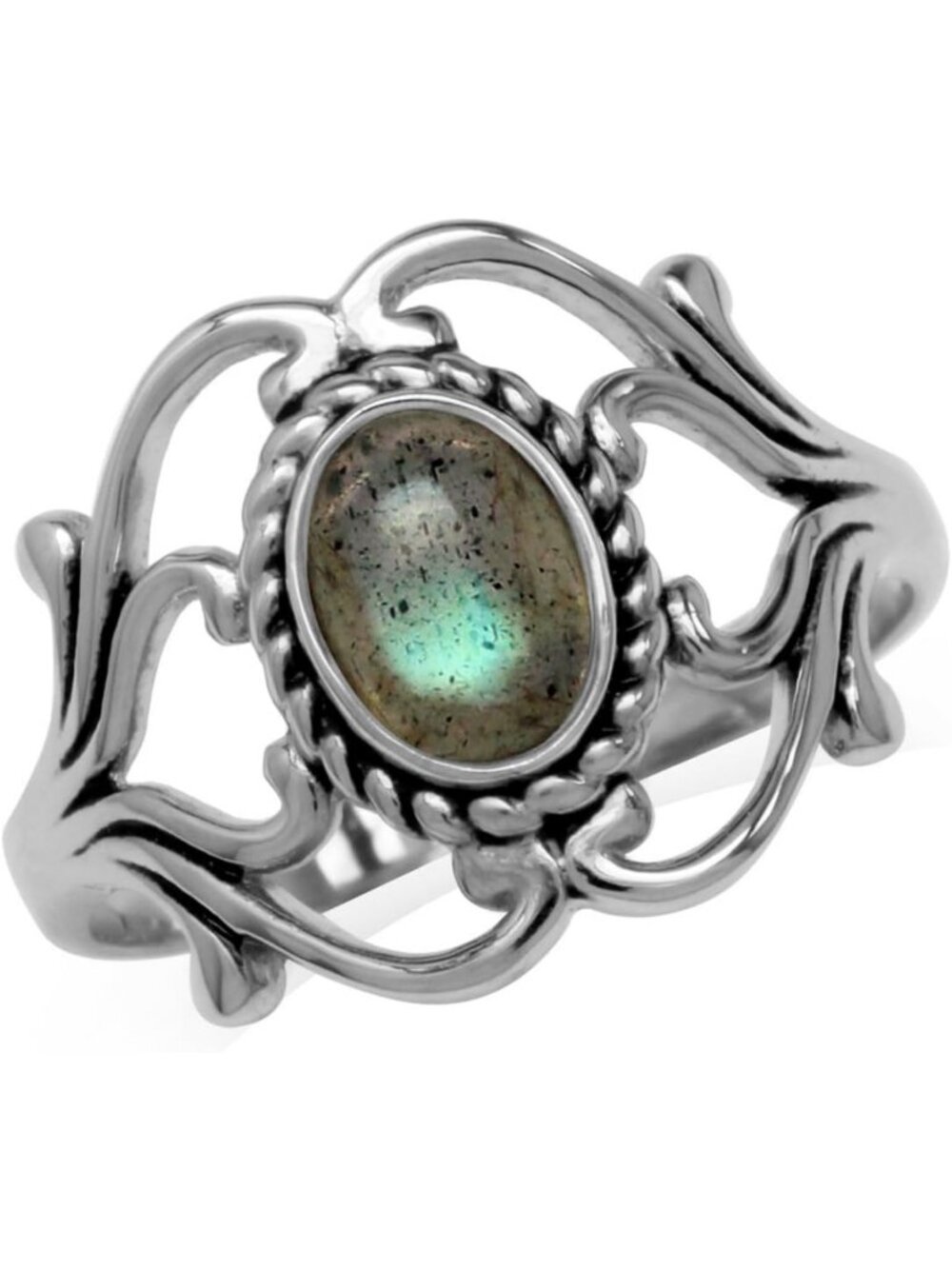 Twisted Rope Cabochon Gemstone Ring in White Gold Plated 925 Sterling Silver